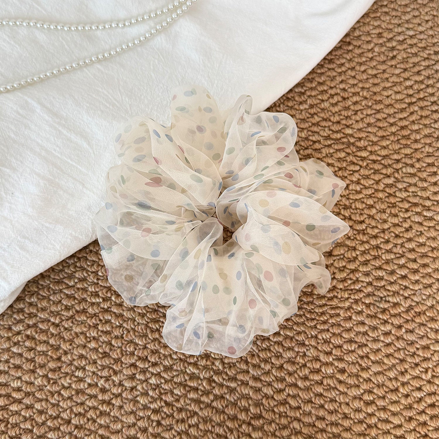 Polka Dot Printed Mesh Scrunchie
