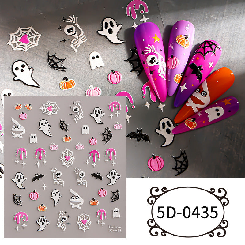 Halloween 5D Embossed Nail Stickers, Pumpkin Ghost Skull Bat DIY Nail Decals, 85×100mm