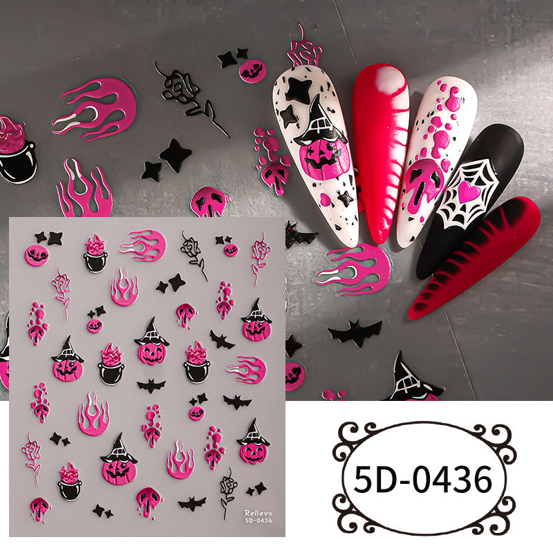 Halloween 5D Embossed Nail Stickers, Pumpkin Ghost Skull Bat DIY Nail Decals, 85×100mm