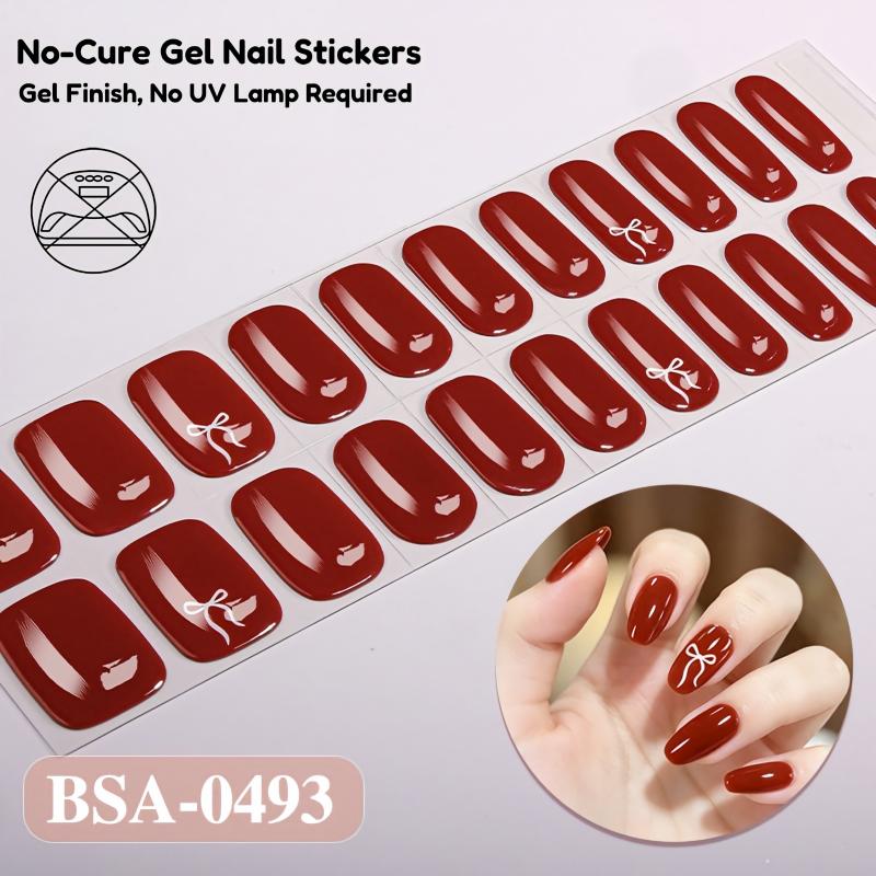 No‑Cure Gel Nail Stickers, Red Series Pattern DIY Nail Wraps, 1 Sheet (22‑Pcs), No UV Lamp Required