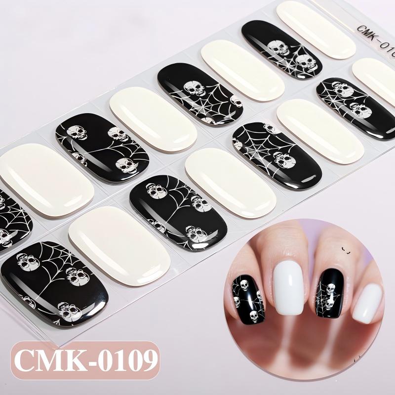 New Halloween Partial Glow‑in‑the‑Dark Self‑Adhesive Gel Nail Wraps Series, Gothic Spooky DIY Gel Nail Stickers, 1 Sheet (16‑Pcs), No UV Lamp Needed