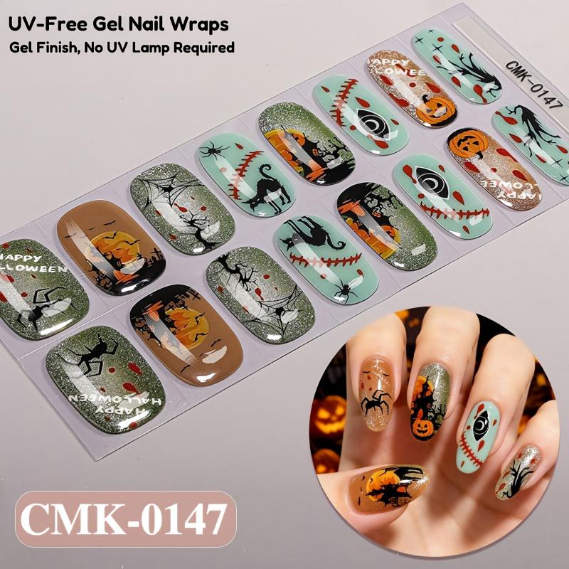 Gothic Halloween Partial Glow‑in‑the‑Dark Self‑Adhesive Gel Nail Wraps, 16‑Pcs, No UV Lamp Needed