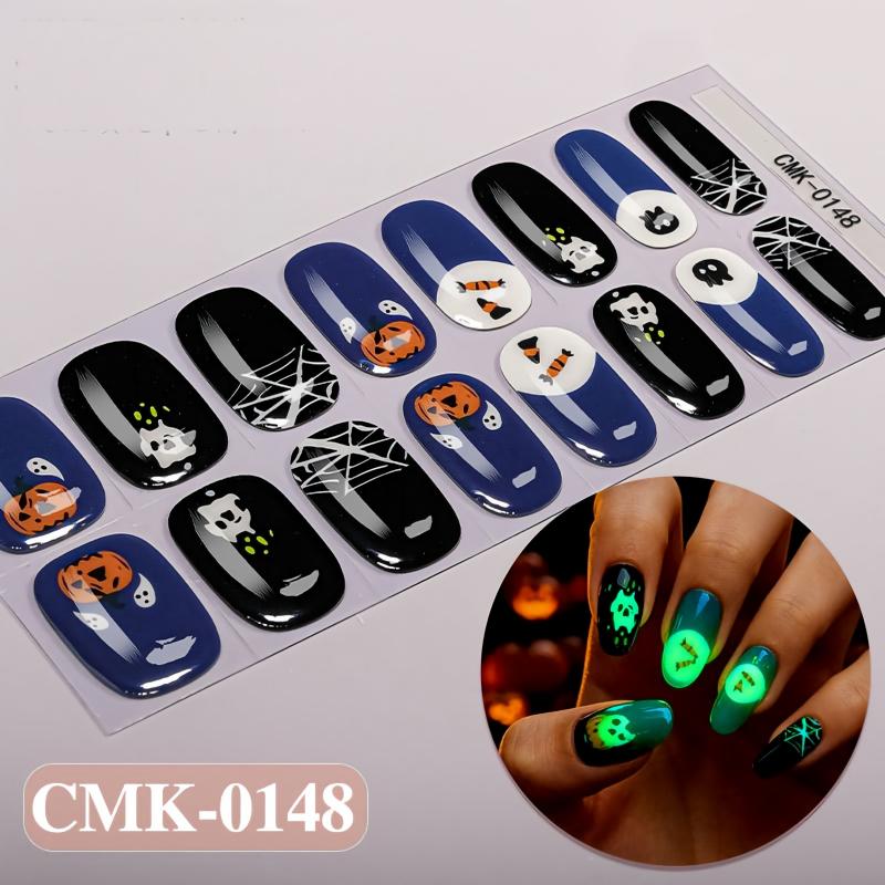 New Halloween Partial Glow‑in‑the‑Dark Self‑Adhesive Gel Nail Wraps Series, Gothic Spooky DIY Gel Nail Stickers, 1 Sheet (16‑Pcs), No UV Lamp Needed
