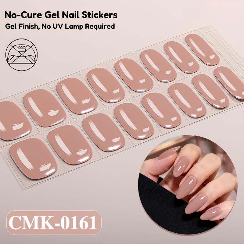 No‑Cure Gel Nail Stickers, Solid, Glitter & Gradient DIY Nail Wraps, 1 Sheet (16‑Pcs), No UV Lamp Required