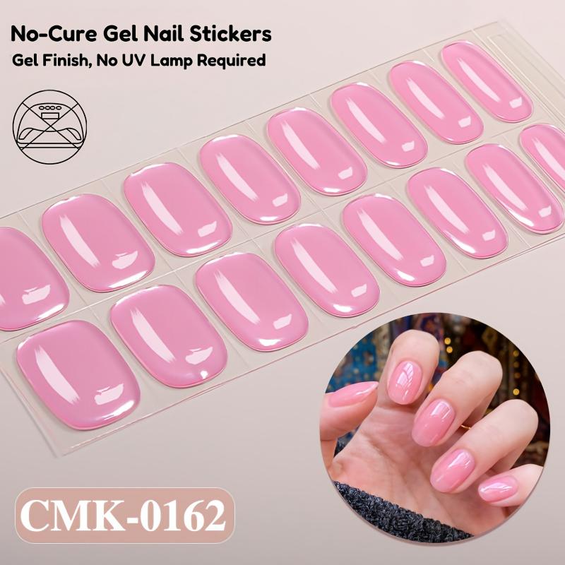 No‑Cure Gel Nail Stickers, Solid, Glitter & Gradient DIY Nail Wraps, 1 Sheet (16‑Pcs), No UV Lamp Required