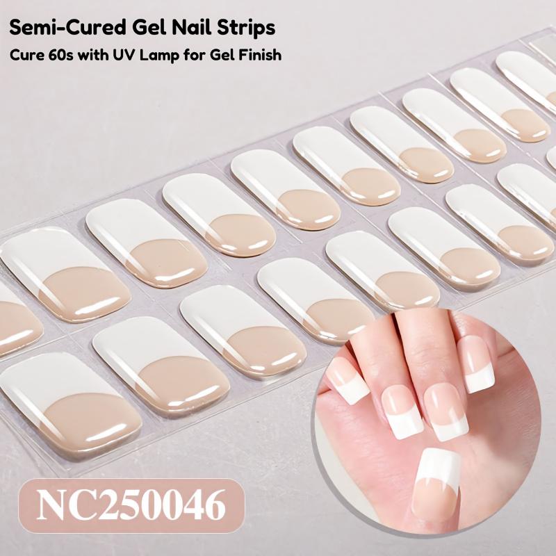 Semi‑Cured Gel Nail Wraps, French Tip Style DIY Gel Nail Stickers, 1 Sheet (20‑Pcs), UV Lamp Required