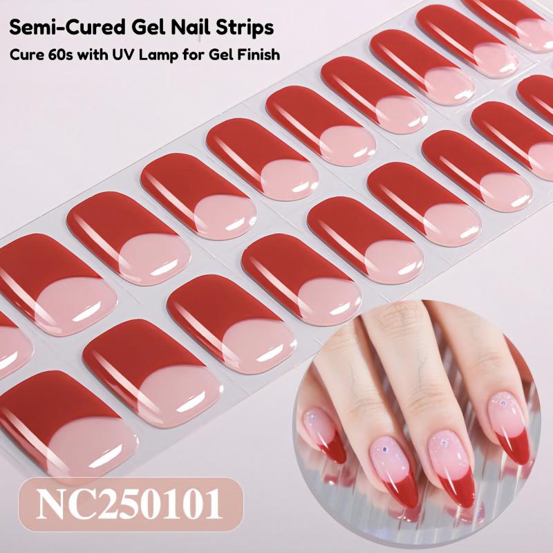 Semi‑Cured Gel Nail Wraps, French Tip Style DIY Gel Nail Stickers, 1 Sheet (20‑Pcs), UV Lamp Required