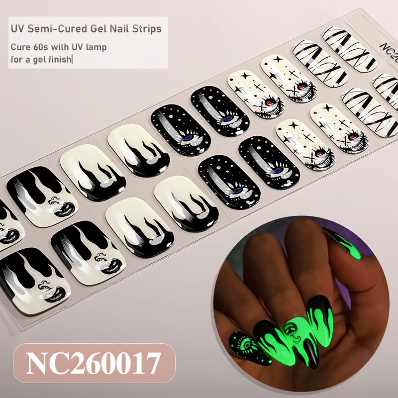 Assorted Halloween Partial Glow‑in‑the‑Dark Semi‑Cured Gel Nail Wraps, Spooky DIY Gel Nail Stickers, 1 Sheet (20‑Pcs), UV Lamp Required