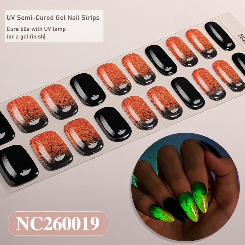 Assorted Halloween Partial Glow‑in‑the‑Dark Semi‑Cured Gel Nail Wraps, Spooky DIY Gel Nail Stickers, 1 Sheet (20‑Pcs), UV Lamp Required