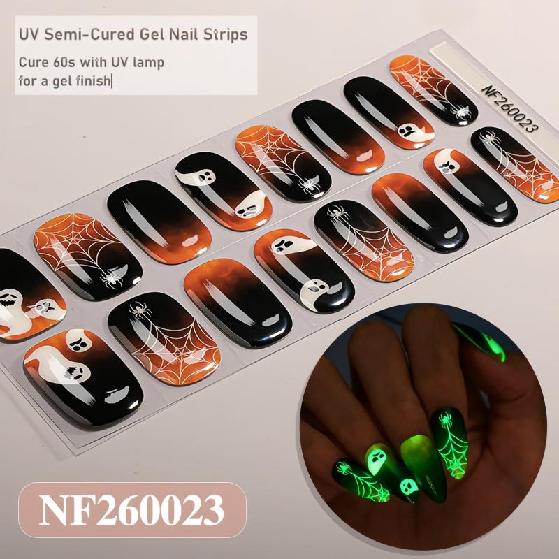 New Halloween Partial Glow‑in‑the‑Dark Semi‑Cured Gel Nail Wraps, Gothic Spooky DIY Gel Nail Stickers, 1 Sheet (16‑Pcs), UV Lamp Required