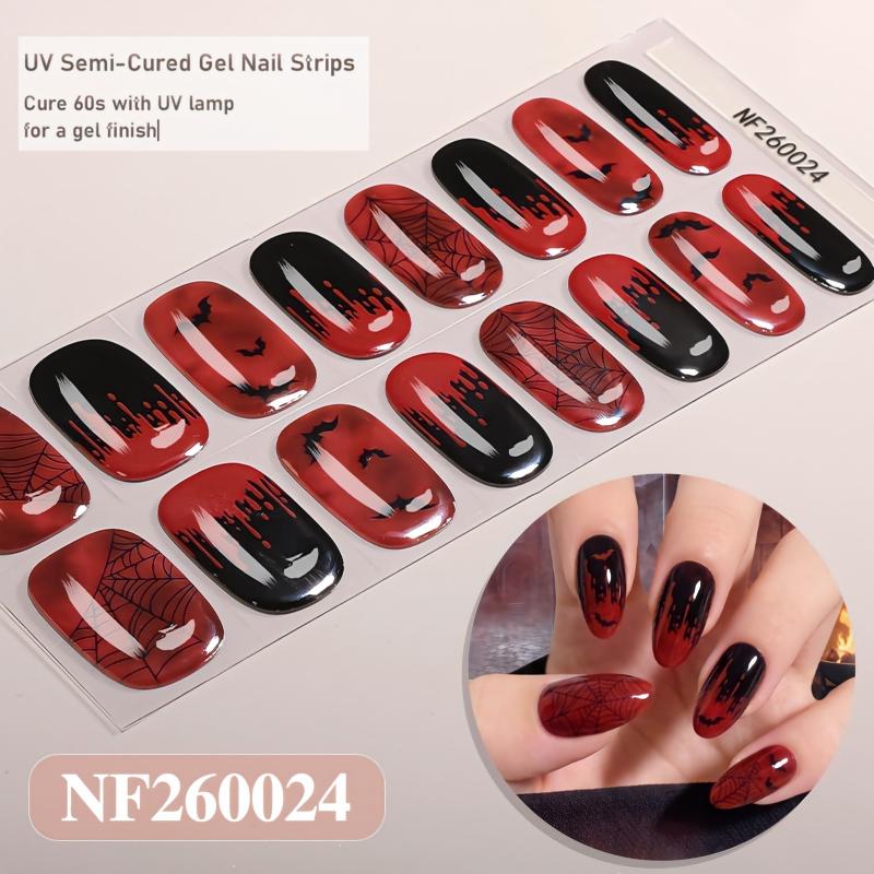 New Halloween Partial Glow‑in‑the‑Dark Semi‑Cured Gel Nail Wraps, Gothic Spooky DIY Gel Nail Stickers, 1 Sheet (16‑Pcs), UV Lamp Required