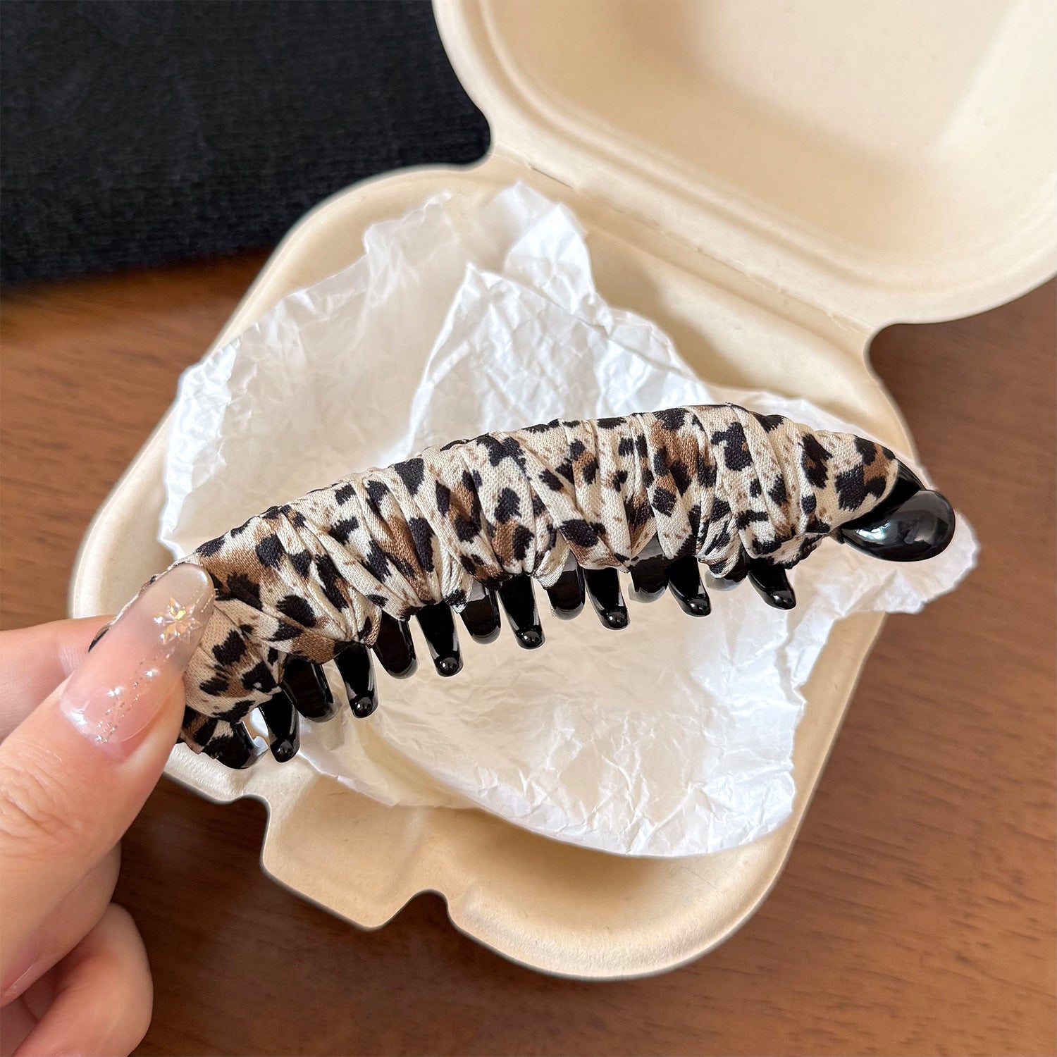 Leopard Print Ruched Banana Hair Clip Vertical Ponytail Barrette