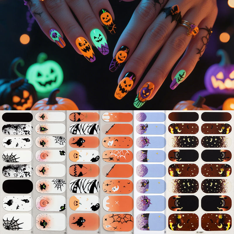 New Halloween Glow‑in‑the‑Dark Nail Wraps, Spider Web & Ghost Gothic Designs, 1 Sheet (16‑Pcs) Self‑Adhesive Nail Stickers