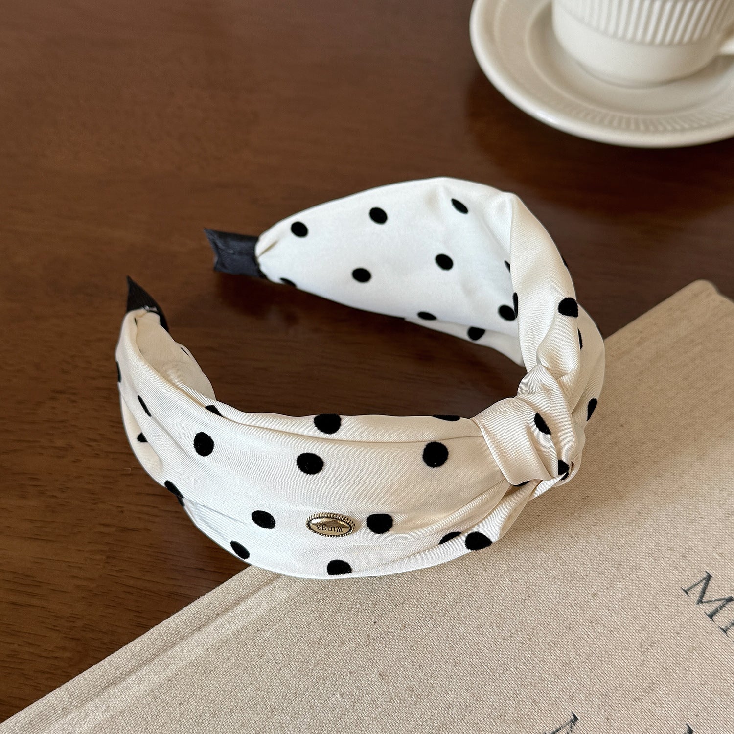 Polka Dot Knotted Satin Headband Women Vintage Wide Hair Hoop With Metal Button