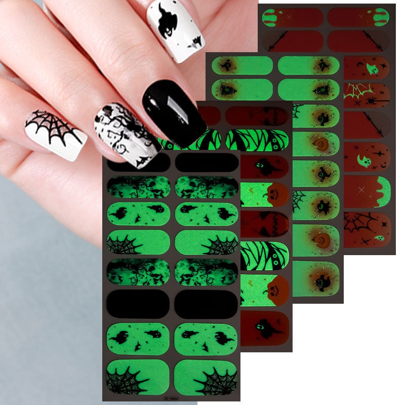 New Halloween Glow‑in‑the‑Dark Nail Wraps, Spider Web & Ghost Gothic Designs, 1 Sheet (16‑Pcs) Self‑Adhesive Nail Stickers