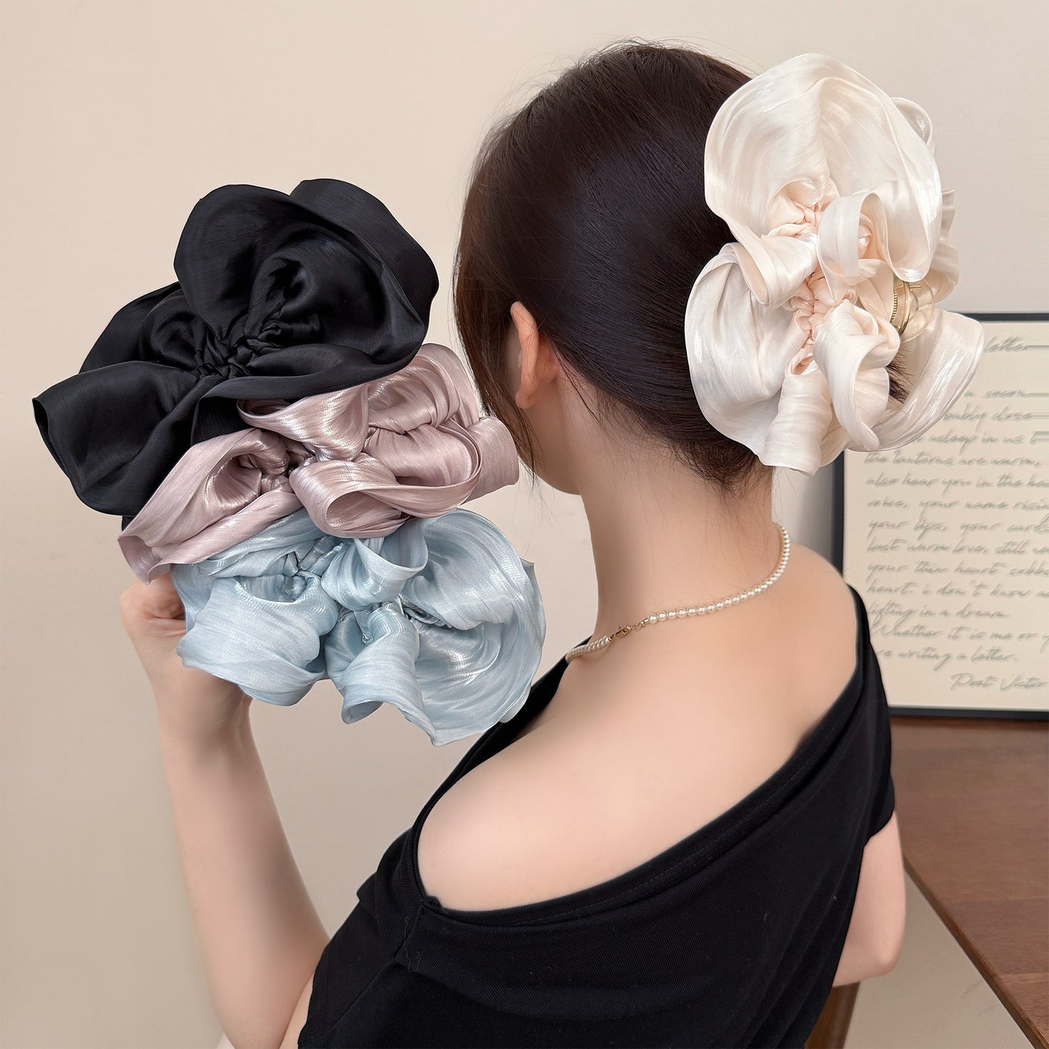 Pearlescent Puff Ruffle Hair Claw Clip