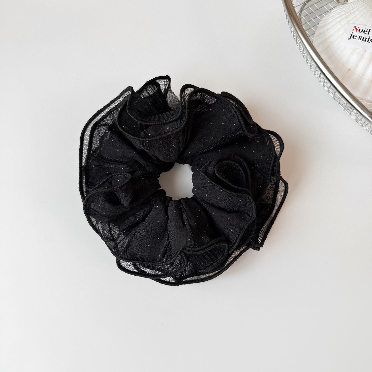 French Style Polka Dot Ruffled Tulle Scrunchie, Sheer Mesh Hair Tie for Women