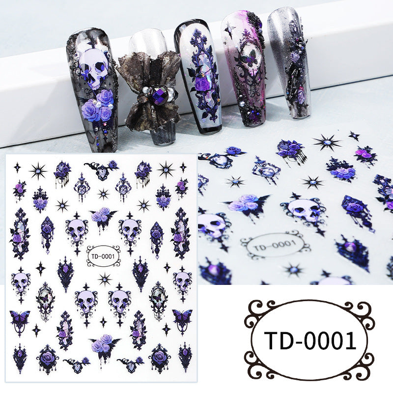 Gothic 5D Embossed Nail Stickers, Dark Rose Skull Cross Soft‑Gel Nail Decals, 85×100mm