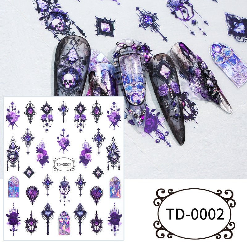 Gothic 5D Embossed Nail Stickers, Dark Rose Skull Cross Soft‑Gel Nail Decals, 85×100mm