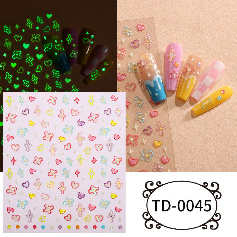 5D Embossed Glow‑in‑the‑Dark Nail Stickers, Soft Gel DIY Nail Decals, 85×100mm Sheet